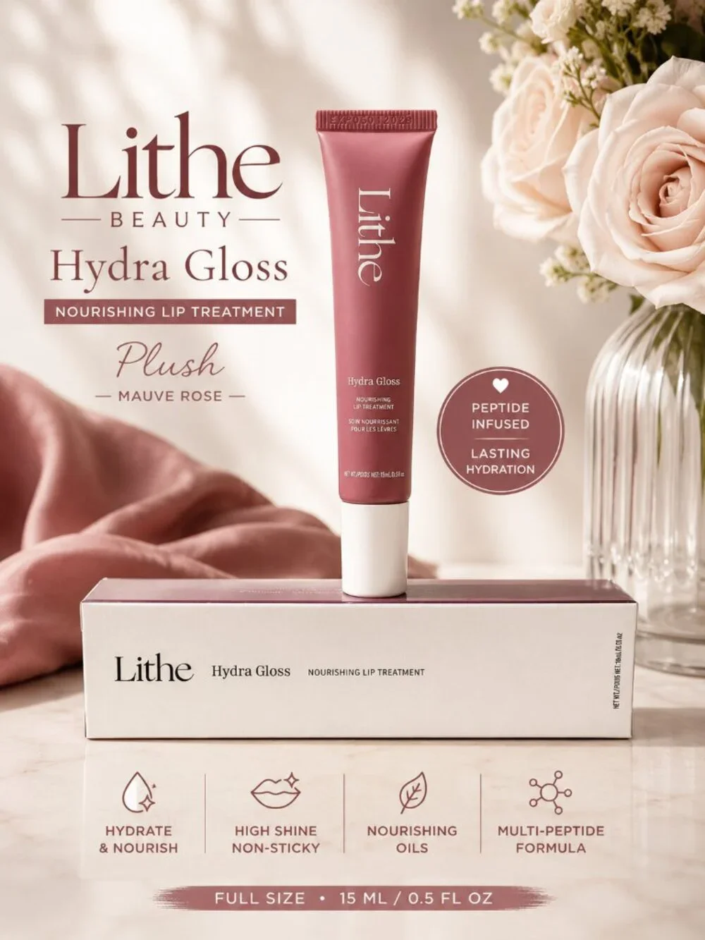 Lithe Beauty Hydra Gloss Plush Mauve Rose Nourishing Peptide Lip Treatment NIB